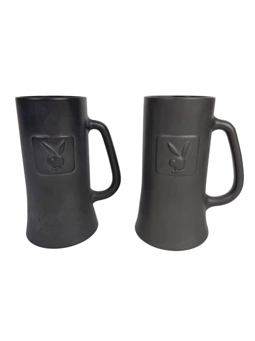 Vintage 1970's Playboy Club Black Satin 3-D Embossed Glass Beer Stein Mug Set of